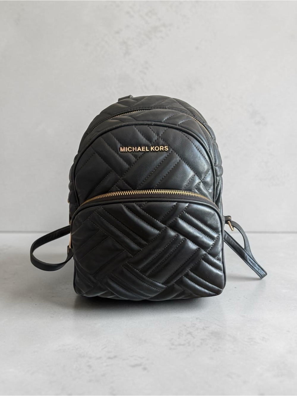 Michael Kors Abbey Quilted Black Leather Backpack Medium Gold Logo Bag